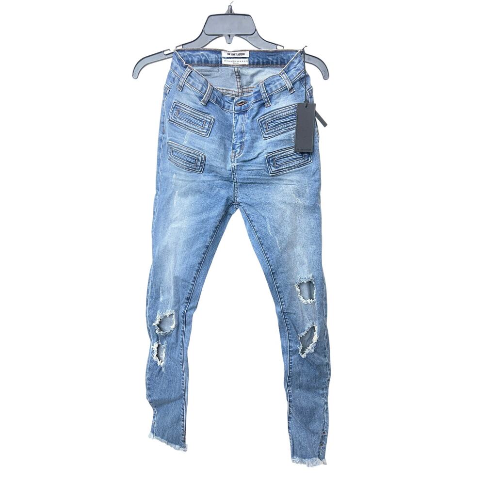 NWT One Teaspoon Sz 26 Blue Stone Scallywags Distressed 4 Zipper Skinny Jeans